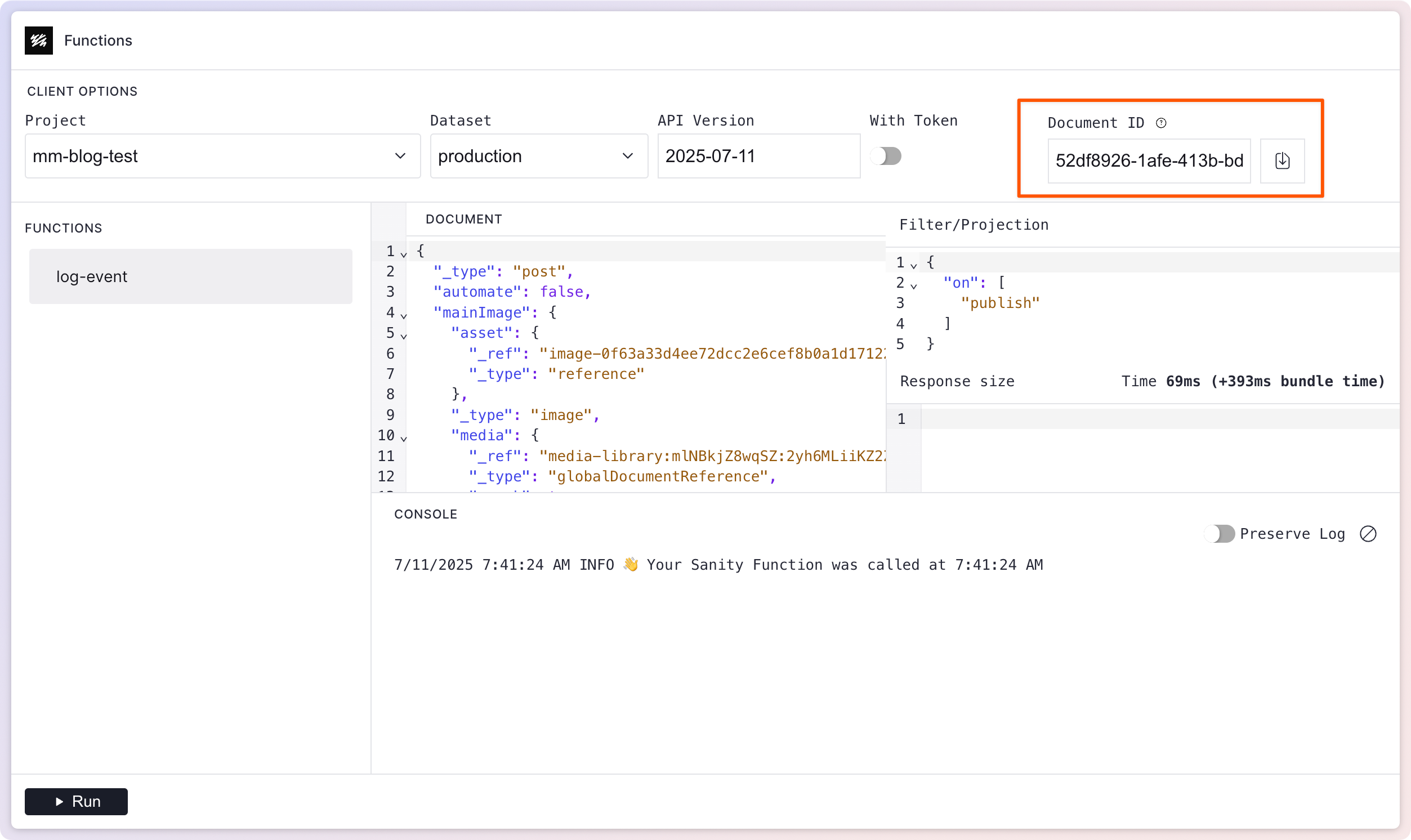interface for functions dev tool with document ID input selected
