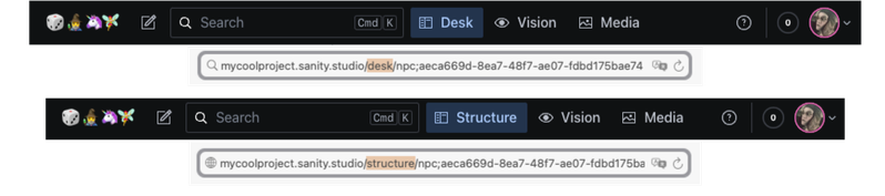 Comparison of the studio toolbar and browser address field before and after the change
