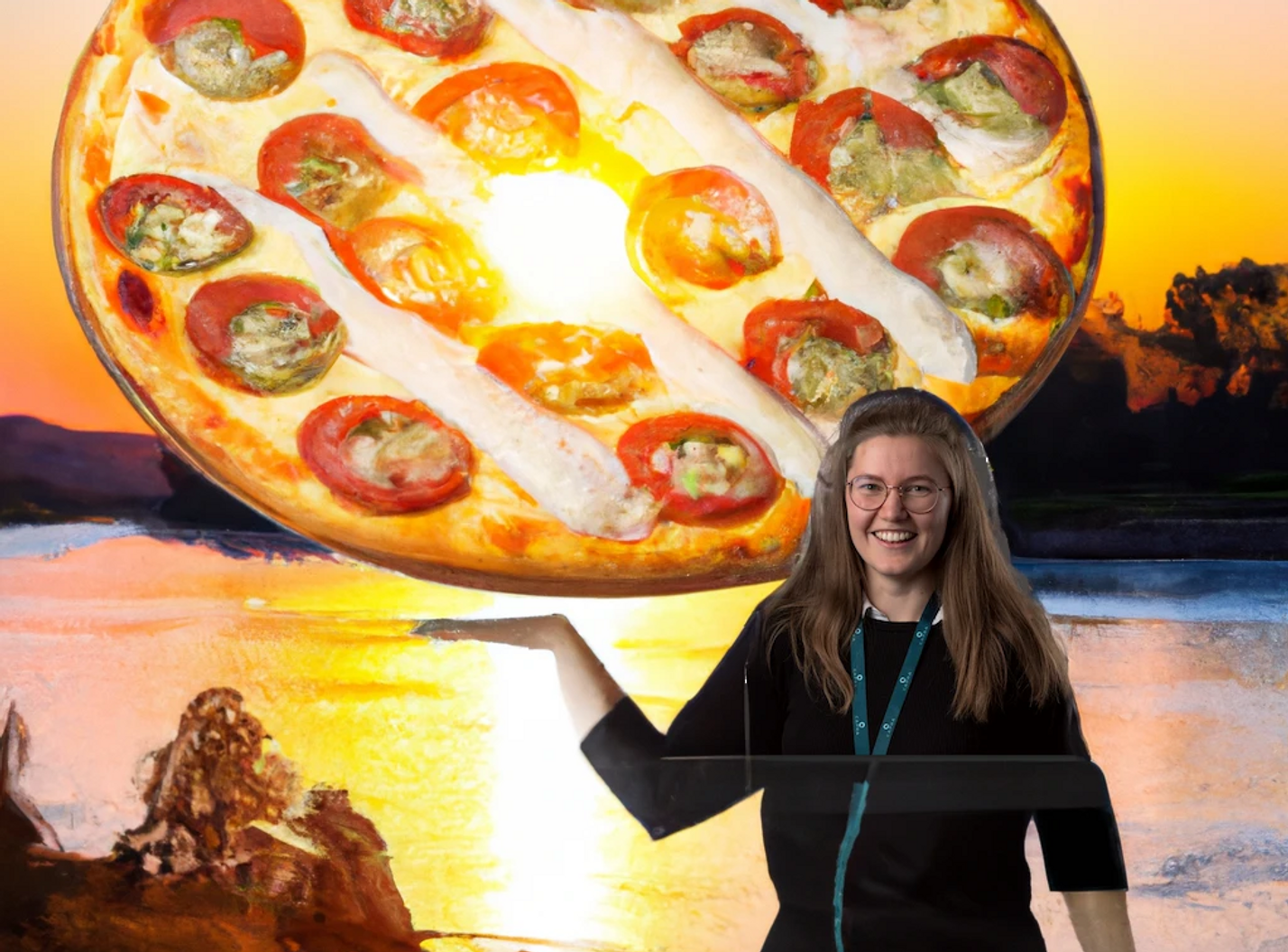 Bildet over er laget ved hjelp av OpenAIs DALL-E ved å etterspørre et vakkert bilde av pizza i solnedgang med mitt CV-bilde.