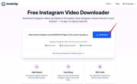 Paste the Instagram link into GrabClip and click Download