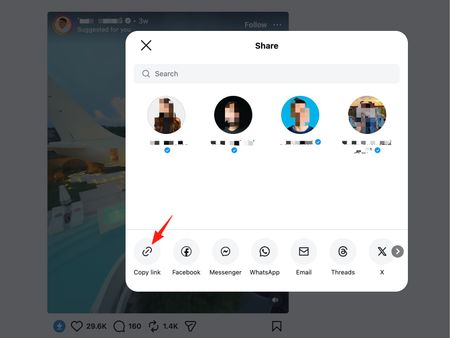 Click Copy link in the Instagram share menu