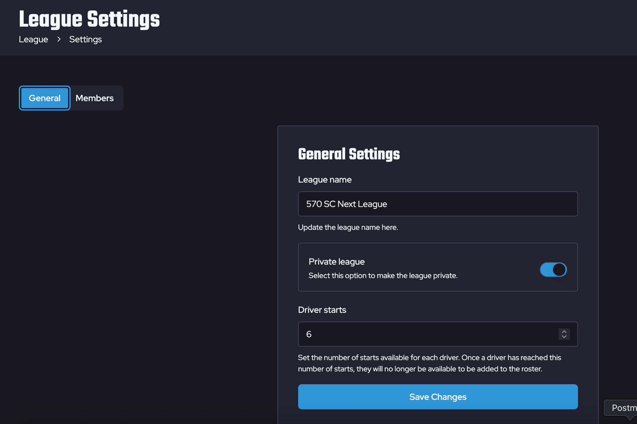 Control league settings from a single dashboard
