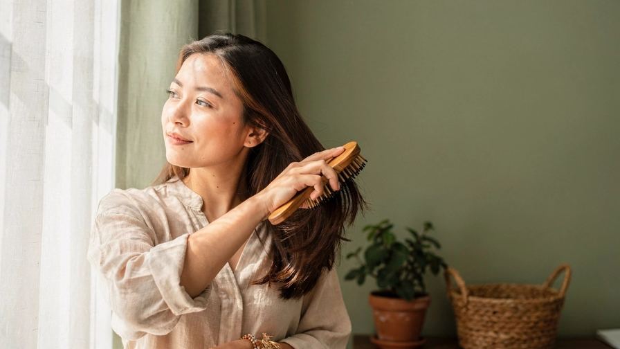 Una donna si spazzola i capelli davanti alla finestra.