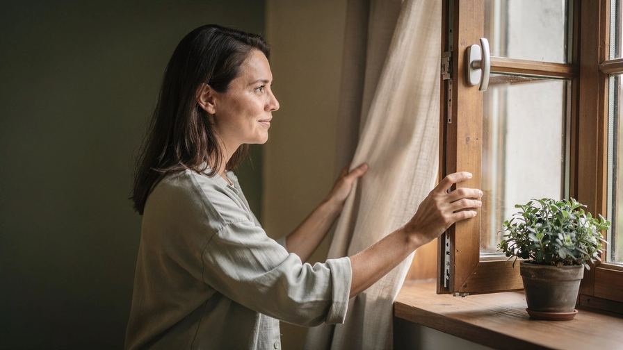 Una donna apre la finestra e sente l’aria fresca.