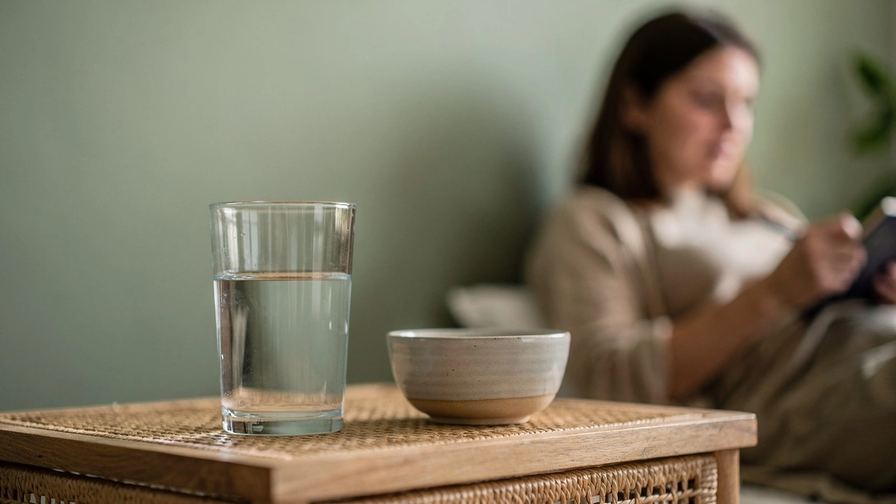 Un bicchiere d’acqua e una piccola ciotola di ceramica sul comodino.