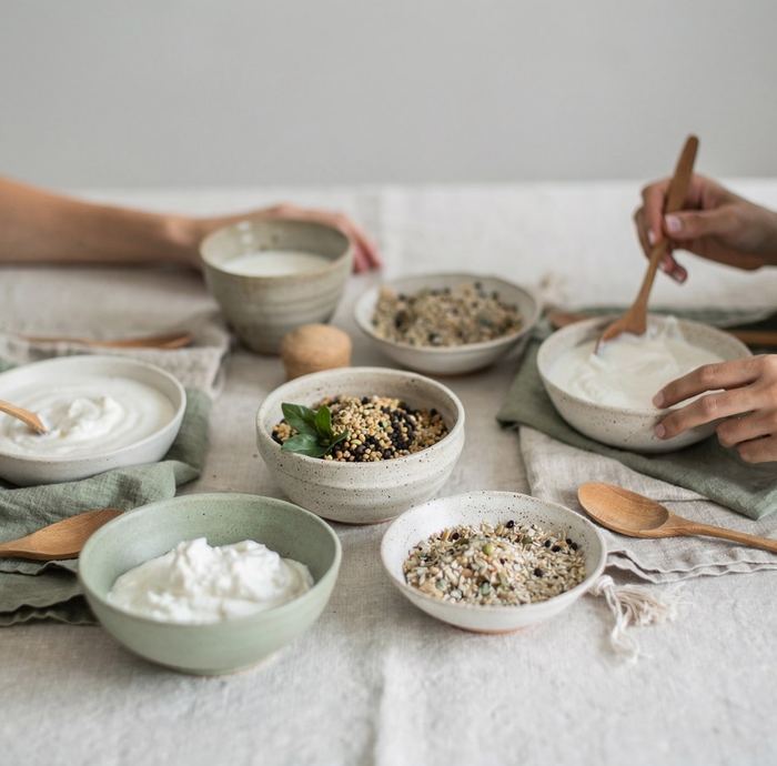 Piccole ciotole di yogurt, kefir e cereali su un tavolo chiaro, viste dall’alto.