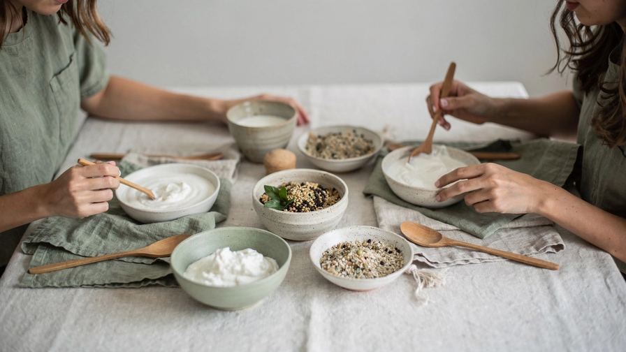 Piccole ciotole di yogurt, kefir e cereali su un tavolo chiaro, viste dall’alto.