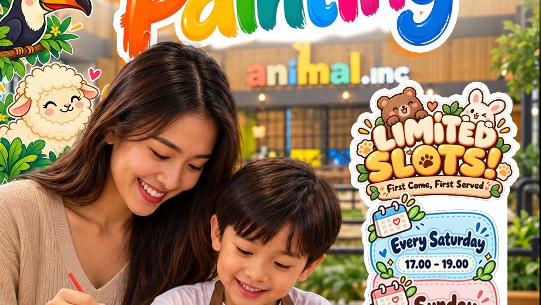 Ibu dan anak mewarnai figur gipsum dalam aktivitas akhir pekan Animal.inc Café
