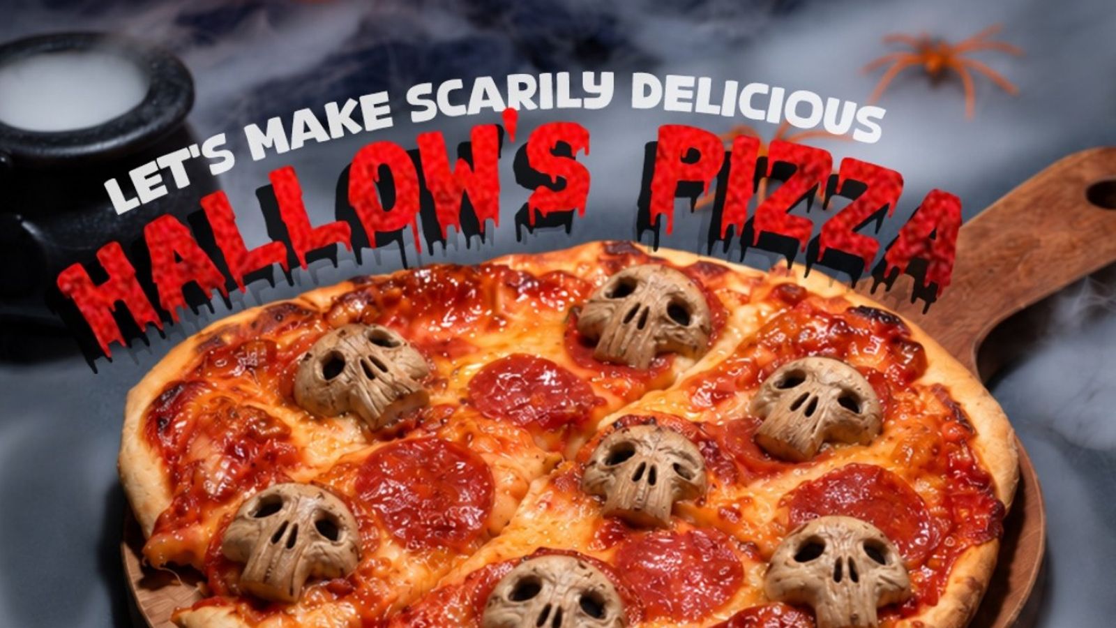 Poster resmi Hallow’s Pizza Cook.inc dengan pizza bertema Halloween dan dekorasi labu