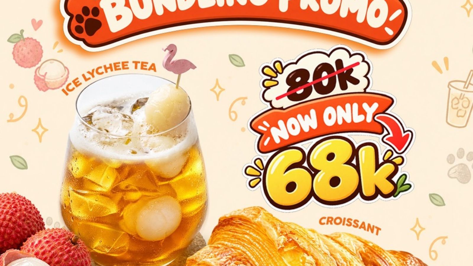 Poster resmi paket takeaway Animal.inc Cafe berisi Ice Lychee Tea dan croissant seharga Rp68.000