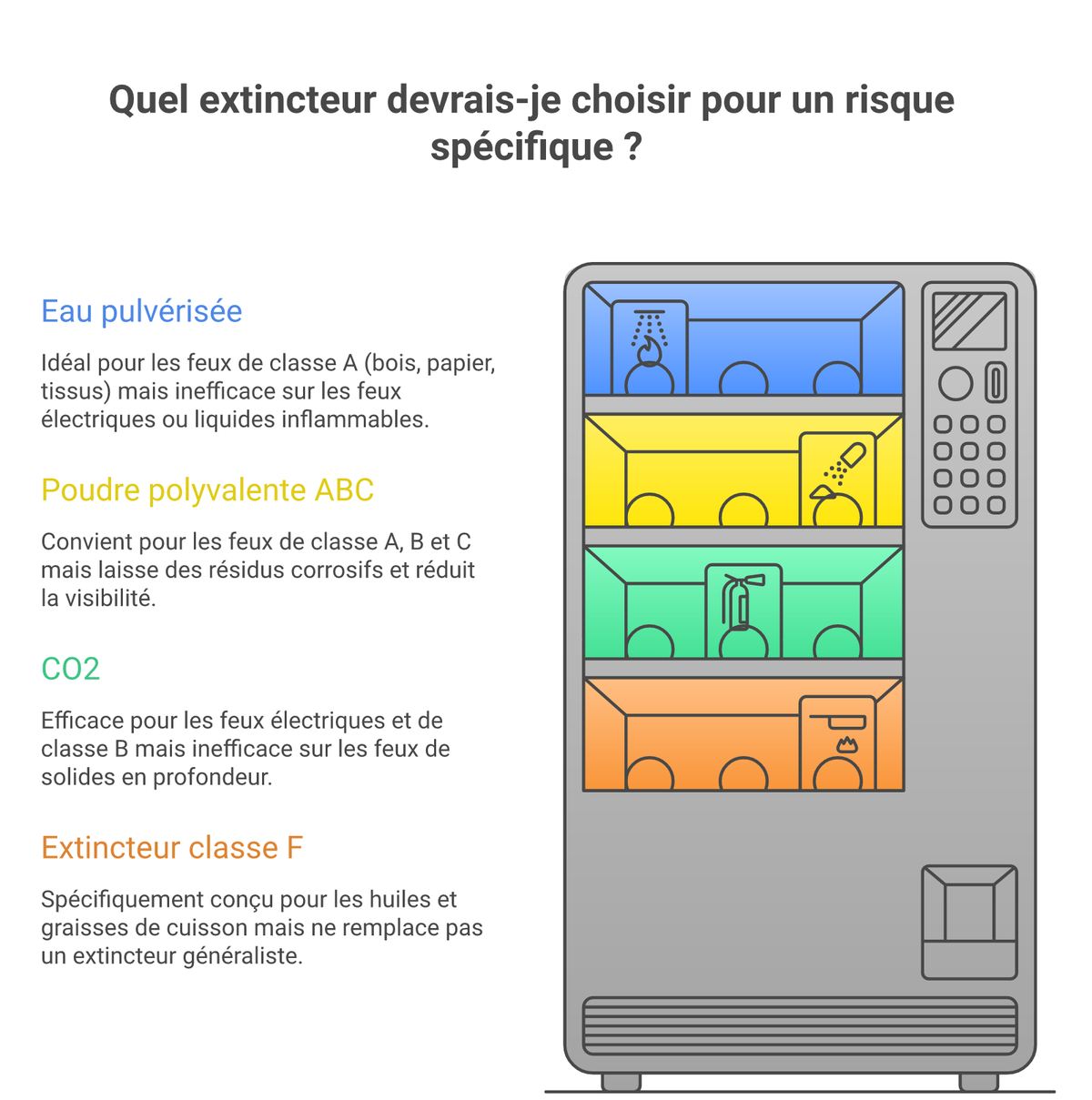 Illustration façon distributeur automatique : les 4 types d'extincteurs (eau pulvérisée, poudre ABC, CO2, classe F) avec leur usage recommandé selon le risque.