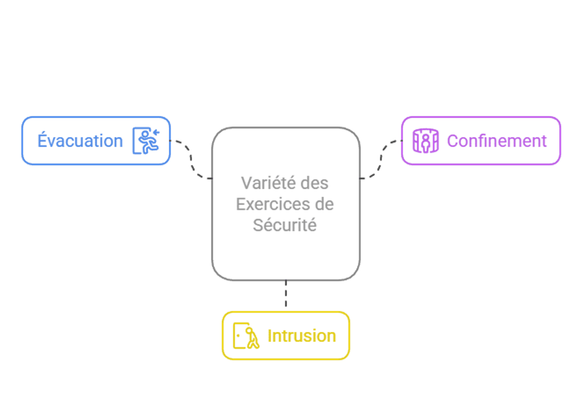 Infographie présentant la variété des exercices PPMS (intrusion, incendie, confinement...).
