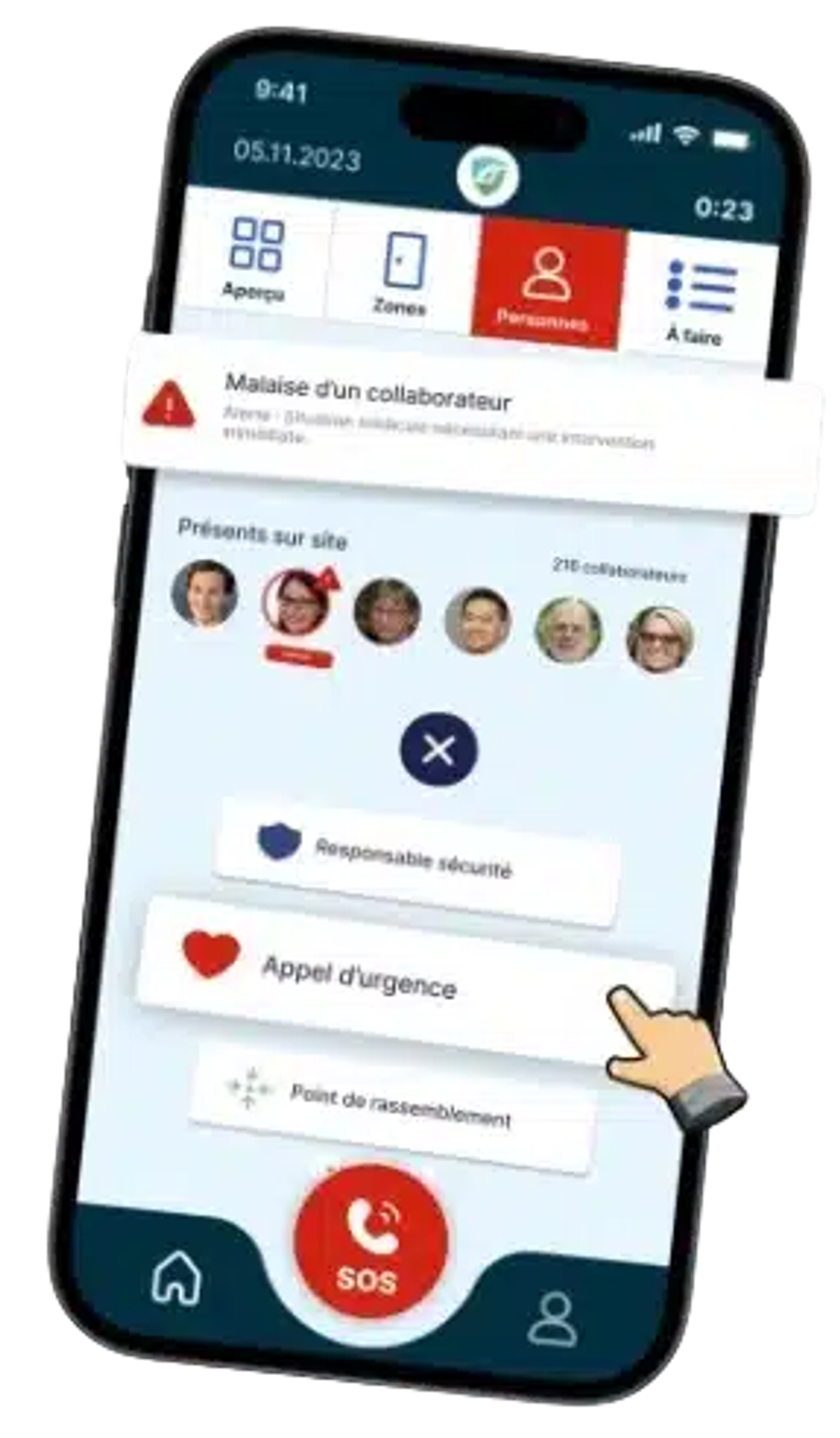 Screenshot of the CountAct smartphone app showing an alert for 'Employee unwell' with options for Safety officer, Emergency call, and Assembly point.