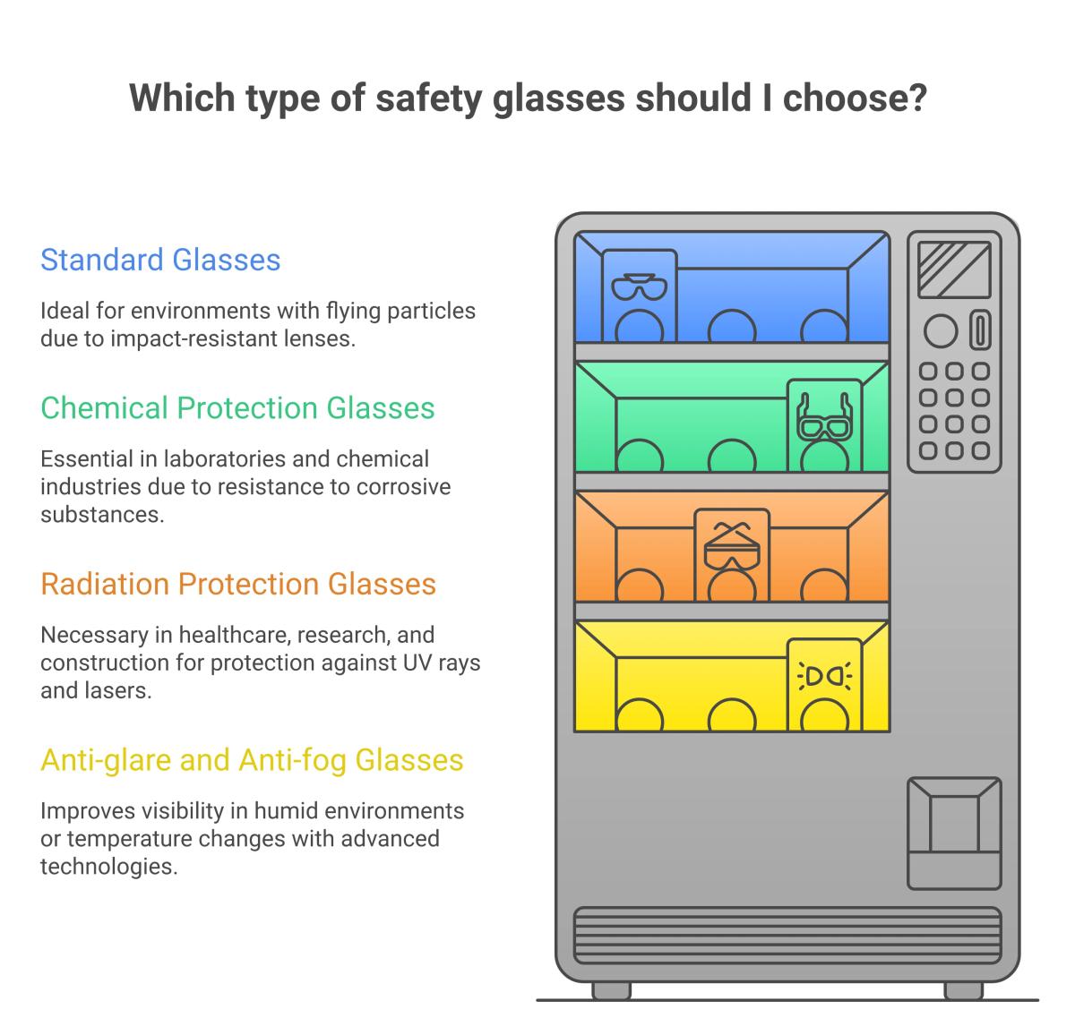 Comparison of the 4 types of safety glasses: standard, chemical protection, radiation protection, anti-glare and anti-fog.