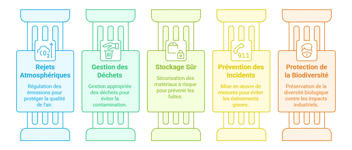Infographie présentant les différents aspects couverts par les normes ICPE.