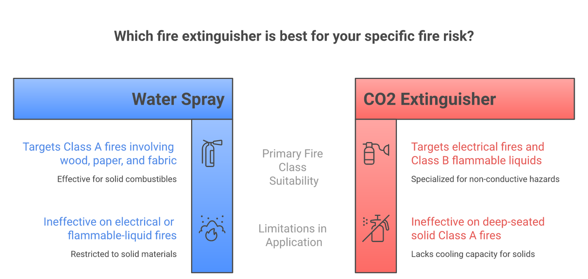 Comparison of water spray and CO2 extinguishers: primary fire class suitability and limitations.