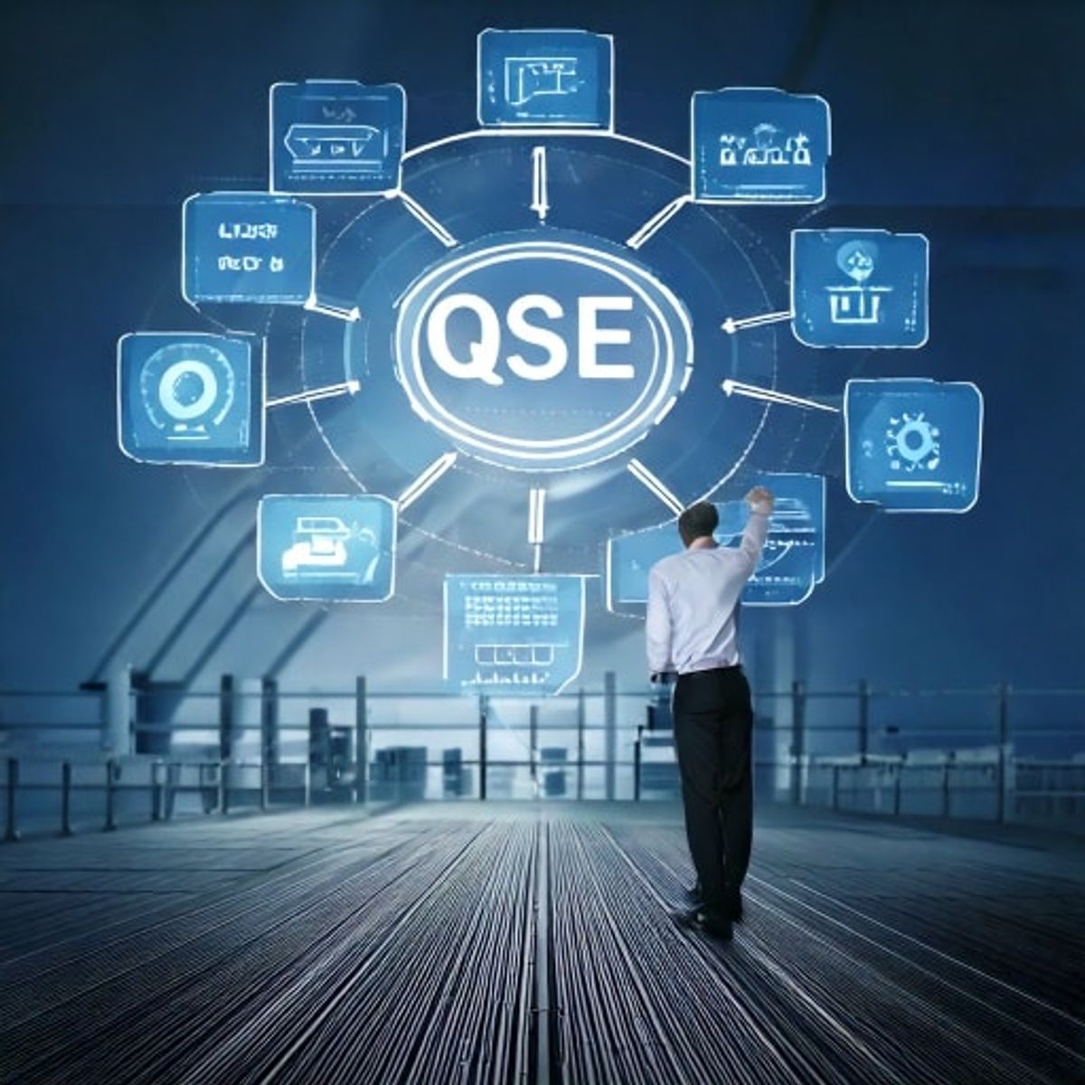 Illustration of a professional interacting with holographic icons around the QSE acronym, representing the different levers of a safety culture.