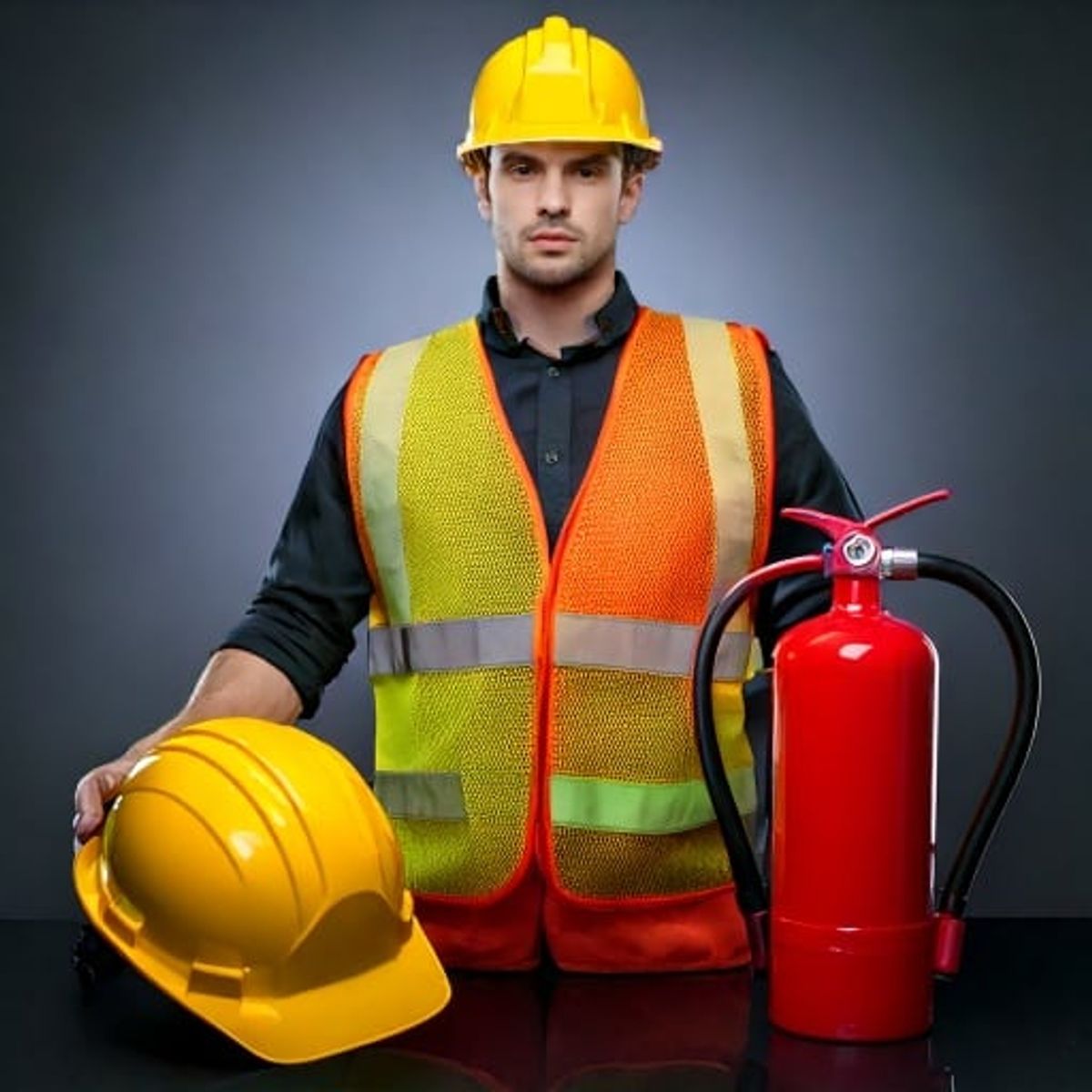 Photo d'un travailleur en équipement de protection (casque et gilet de sécurité) posant à côté d'un extincteur.