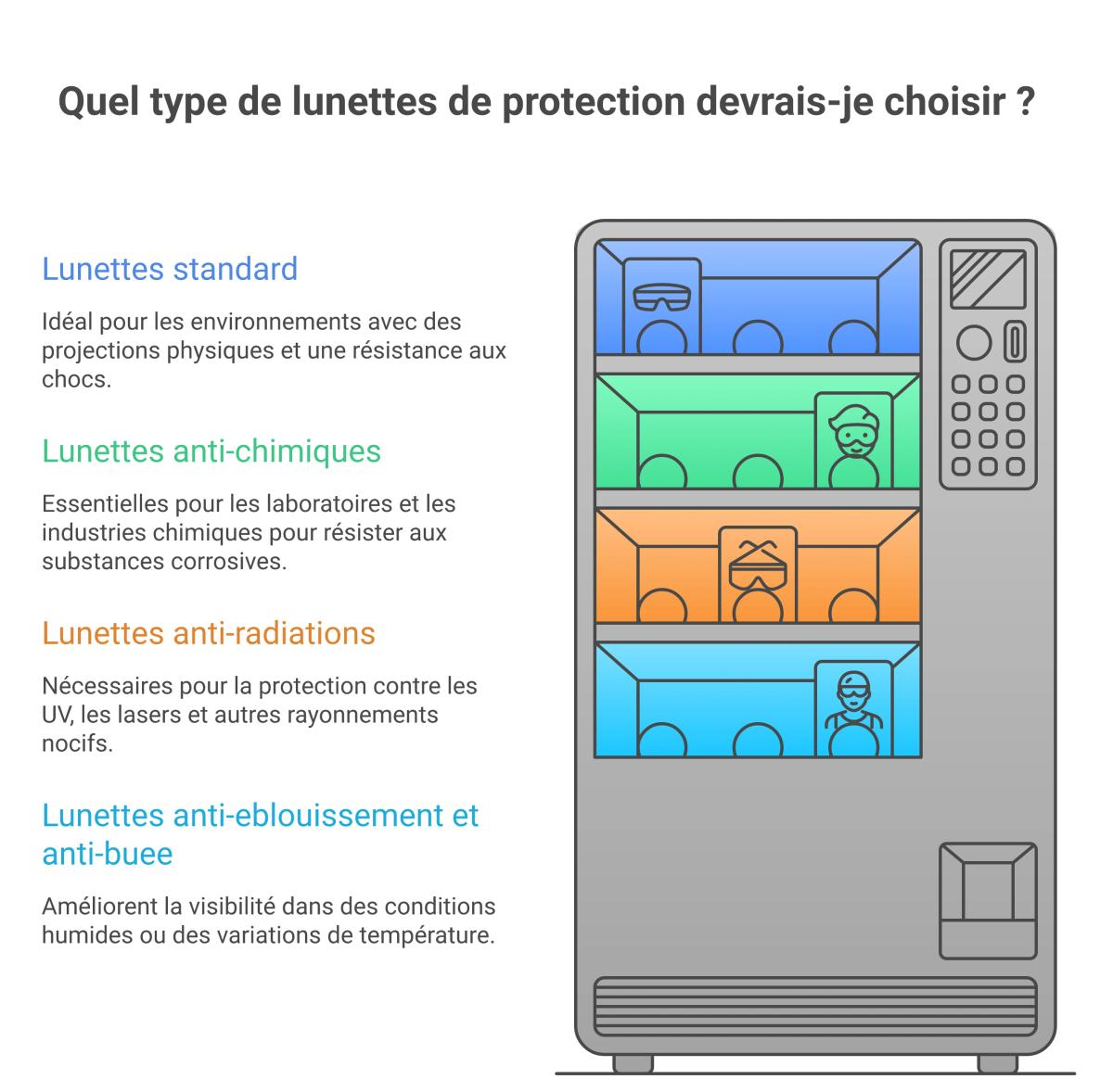 Comparatif des 4 types de lunettes de sécurité : standard, anti-chimiques, anti-radiations, anti-éblouissement et anti-buée.
