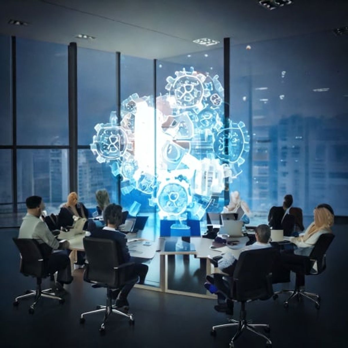 Futuristic illustration of professionals in a meeting room around a holographic gear network, symbolizing QSE performance management.
