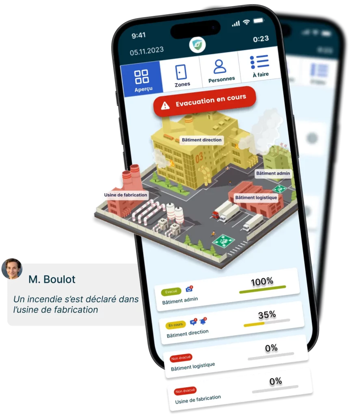 Mockup of the CountAct app showing an evacuation in progress.