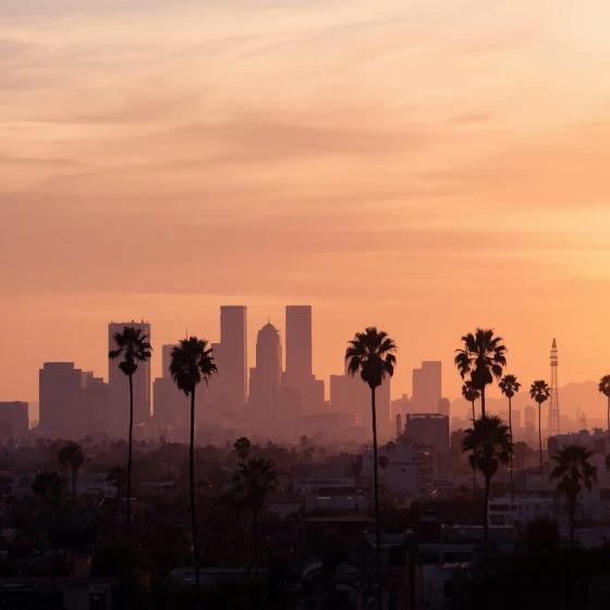 Los Angeles skyline with palm trees at sunset, representing the vibrant business community served by Dark Horse CPAs in LA