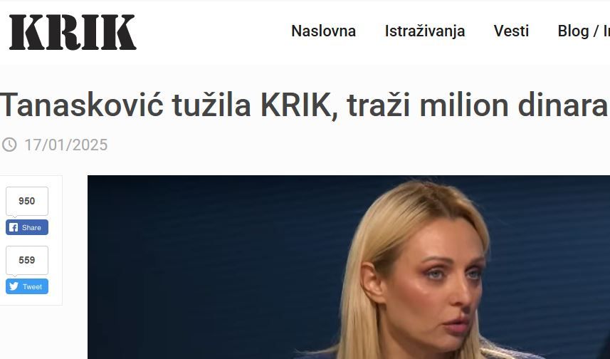 Image for Jelena Tanasković tužila "KRIK"