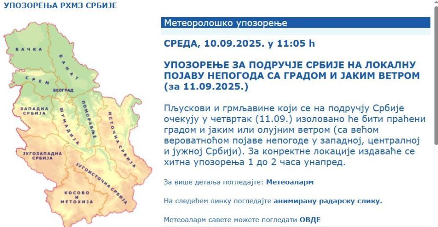 Image for Upozorenje na sutrašnje nepogode