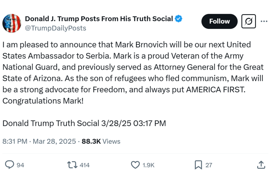 Image for Tramp šalje ambasadora u Srbiju