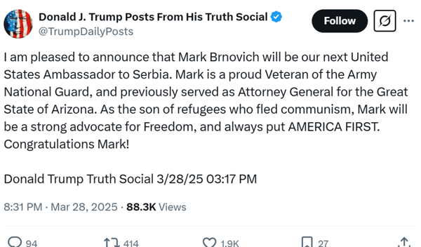 Image for Tramp šalje ambasadora u Srbiju