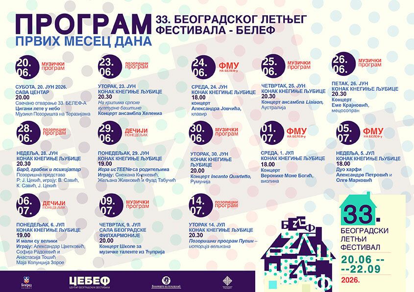 Festival počinje 20. jula u 20 časova koncertom moldavskog ansambla Concertino Accordion u Domu omladine Beograda