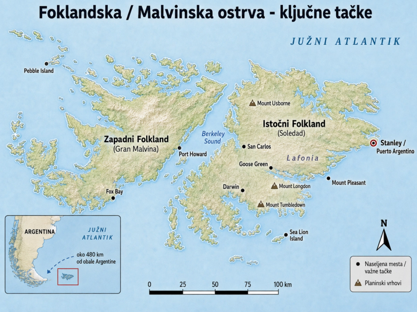 Mapa Folklandskih / Malvinskih ostrva