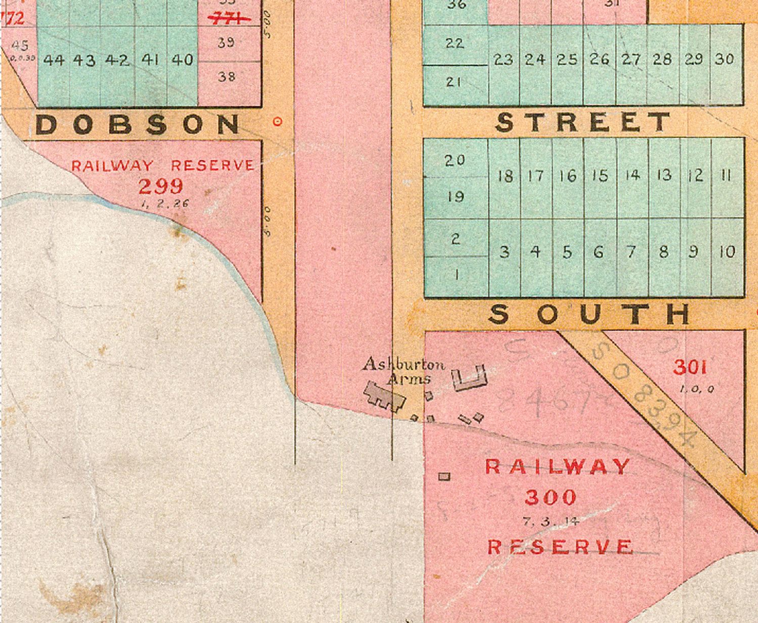 Detail of an early hand-coloured plan of Ashburton showing Dobson Street, South Street, the railway reserve and the Ashburton Arms accommodation house.