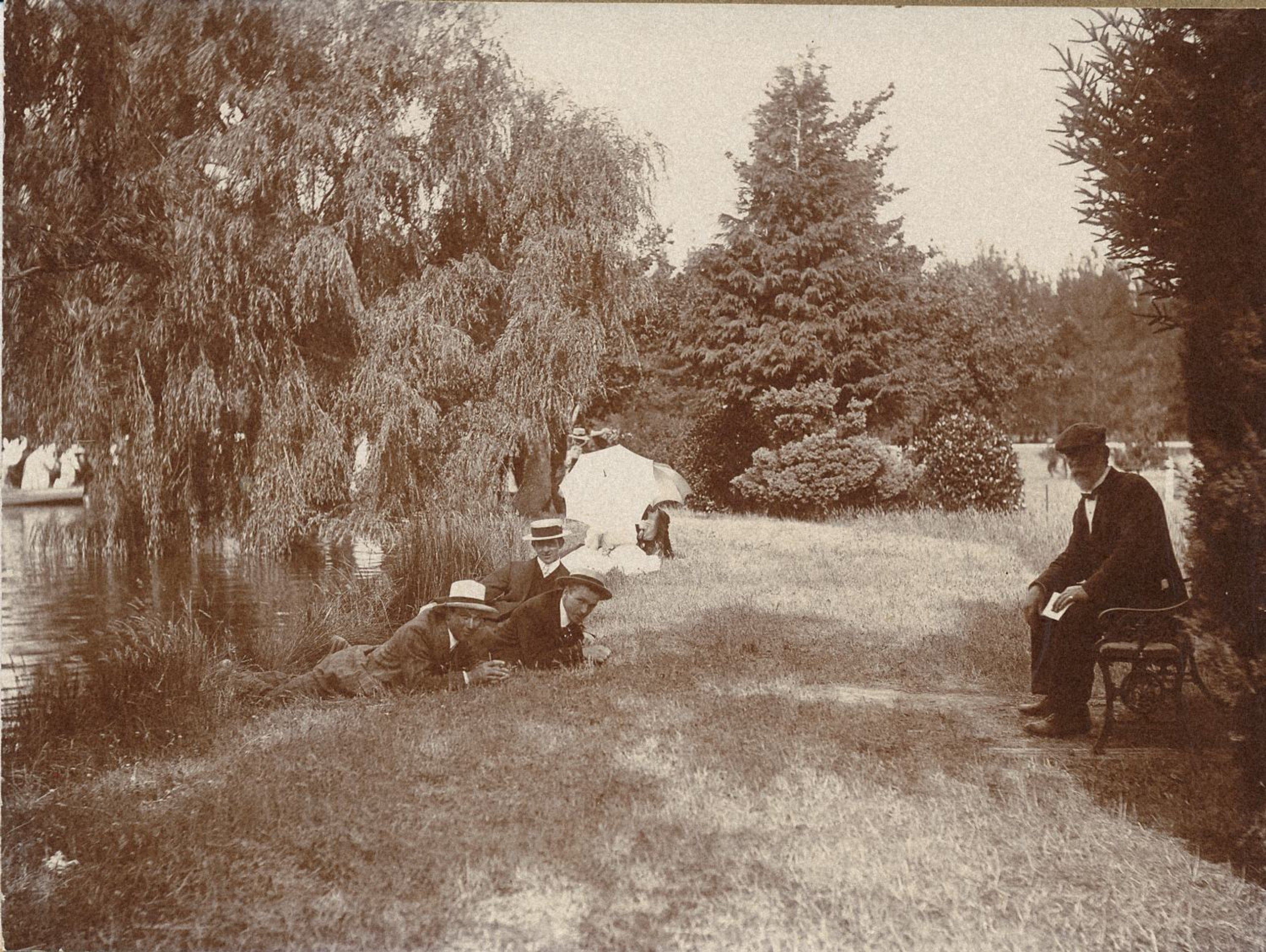 Sepia photograph of men in boater hats and a woman with a parasol relaxing on the grass beneath willow trees in the Tinwald Domain.