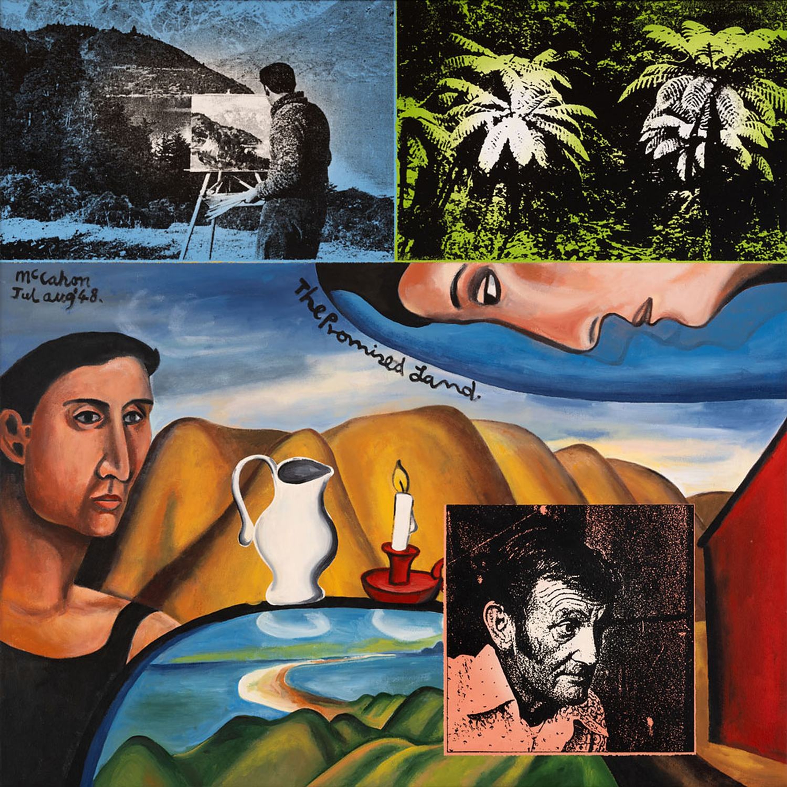 Ian Scott’s painting Sacred Hill, a collage-like composition of figures, faces, ferns and a coastal landscape.