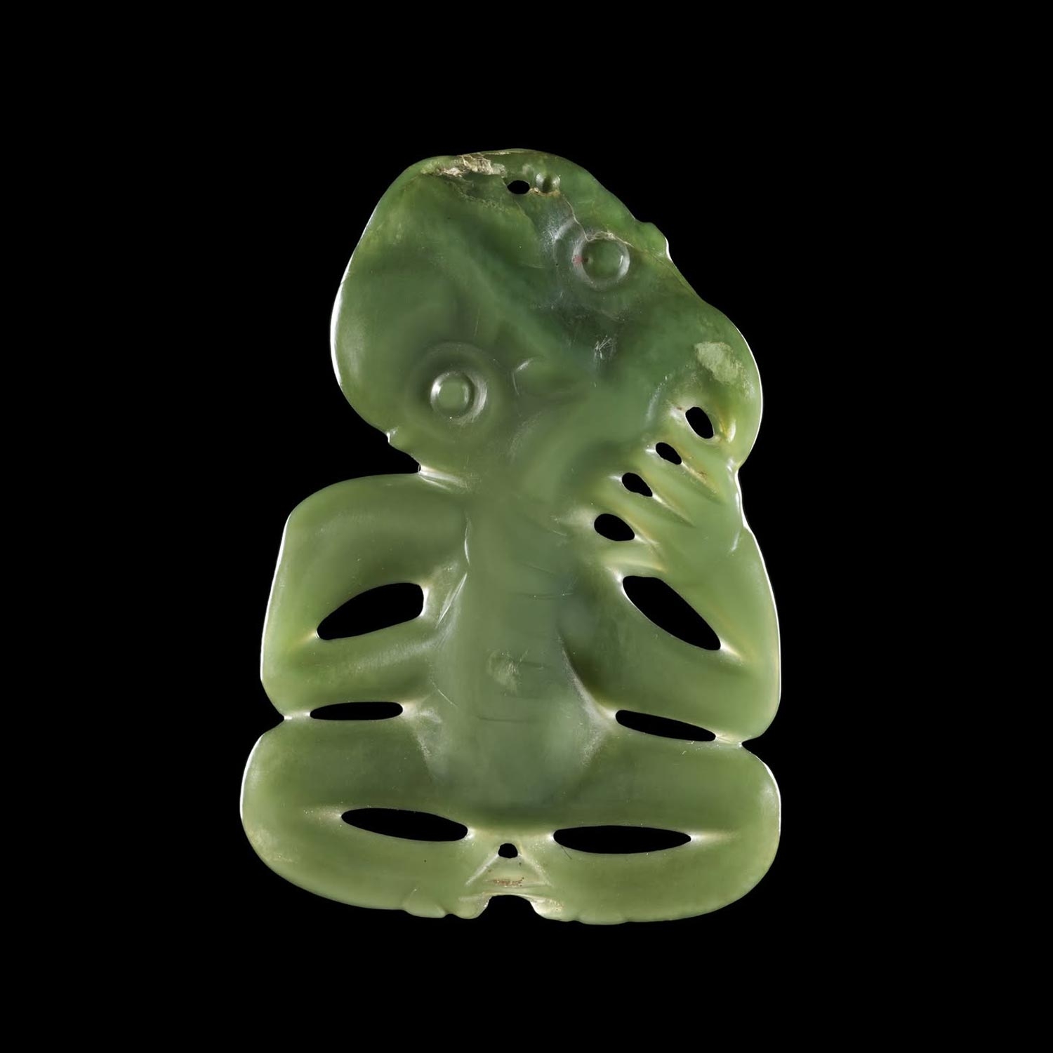 Hei tiki (pendant in human form). Gift of Leo Buller, 1911. Museum of New Zealand Te Papa Tongarewa (ME002100).