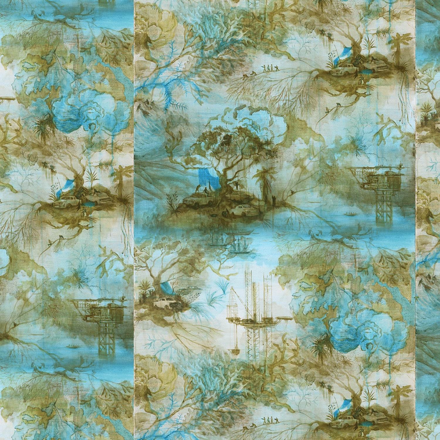 Detail of Jenna Packer’s foyer wall commission Stranded Assets – Redux, a repeating pattern of trees and hills in blue, green and ochre.