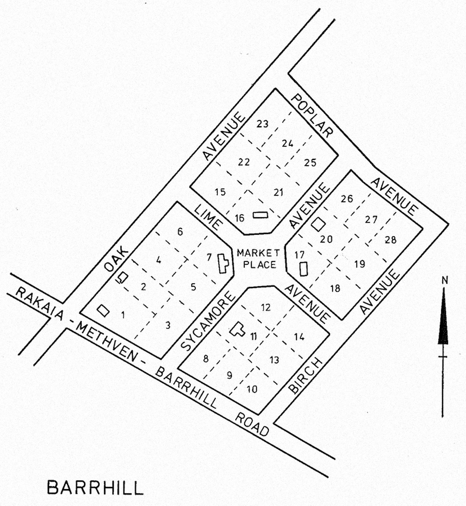Plan of Barrhill village showing numbered lots arranged around a central market place, bordered by avenues and roads.