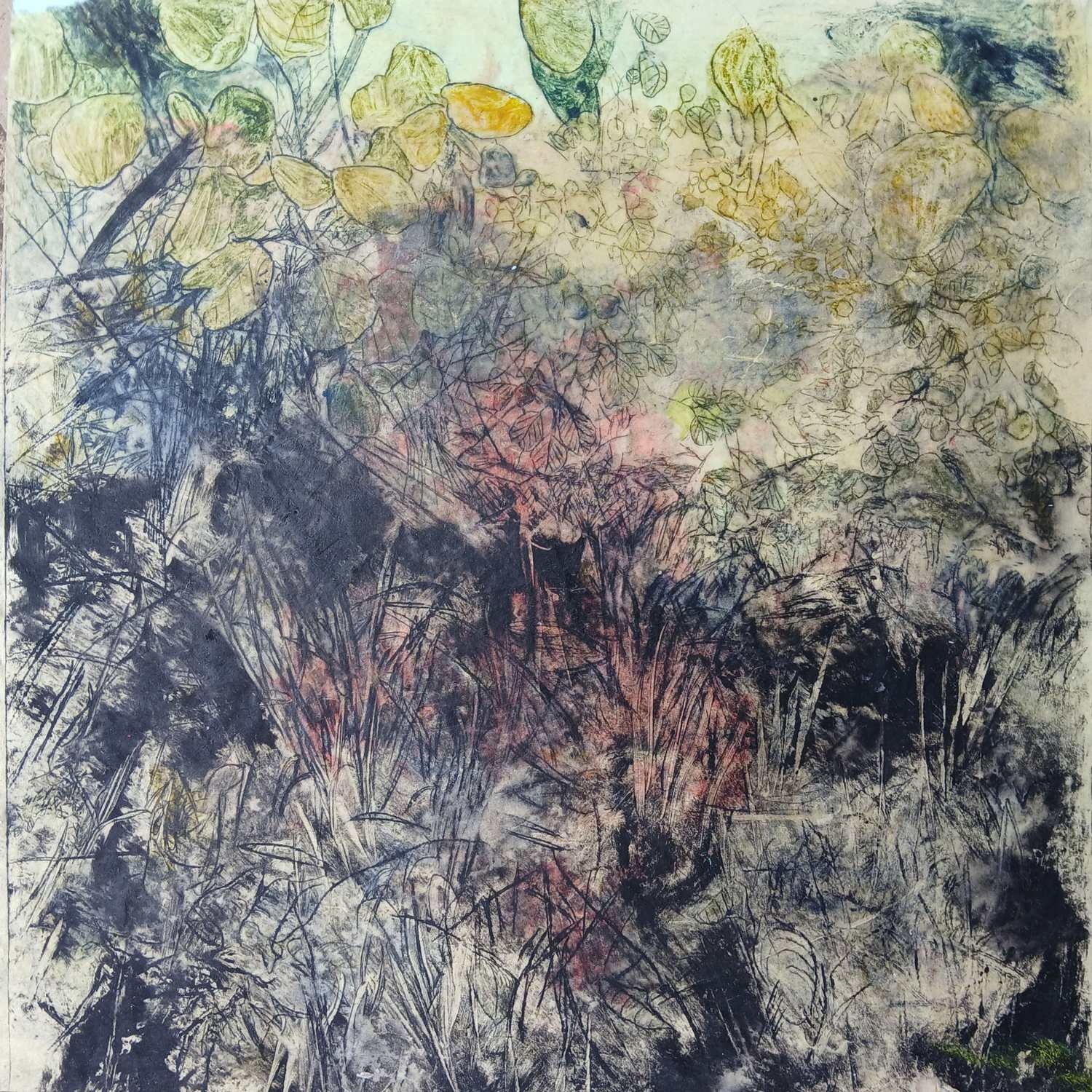 Vicki Mangan’s By the Lake, a layered, textured work of mulberry paper and wax in blues, greens and yellows.