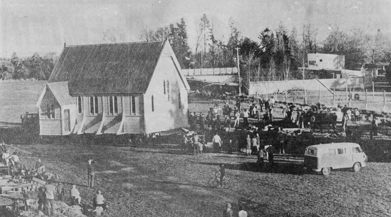 The Church of St Philip and St James being moved in 1976.