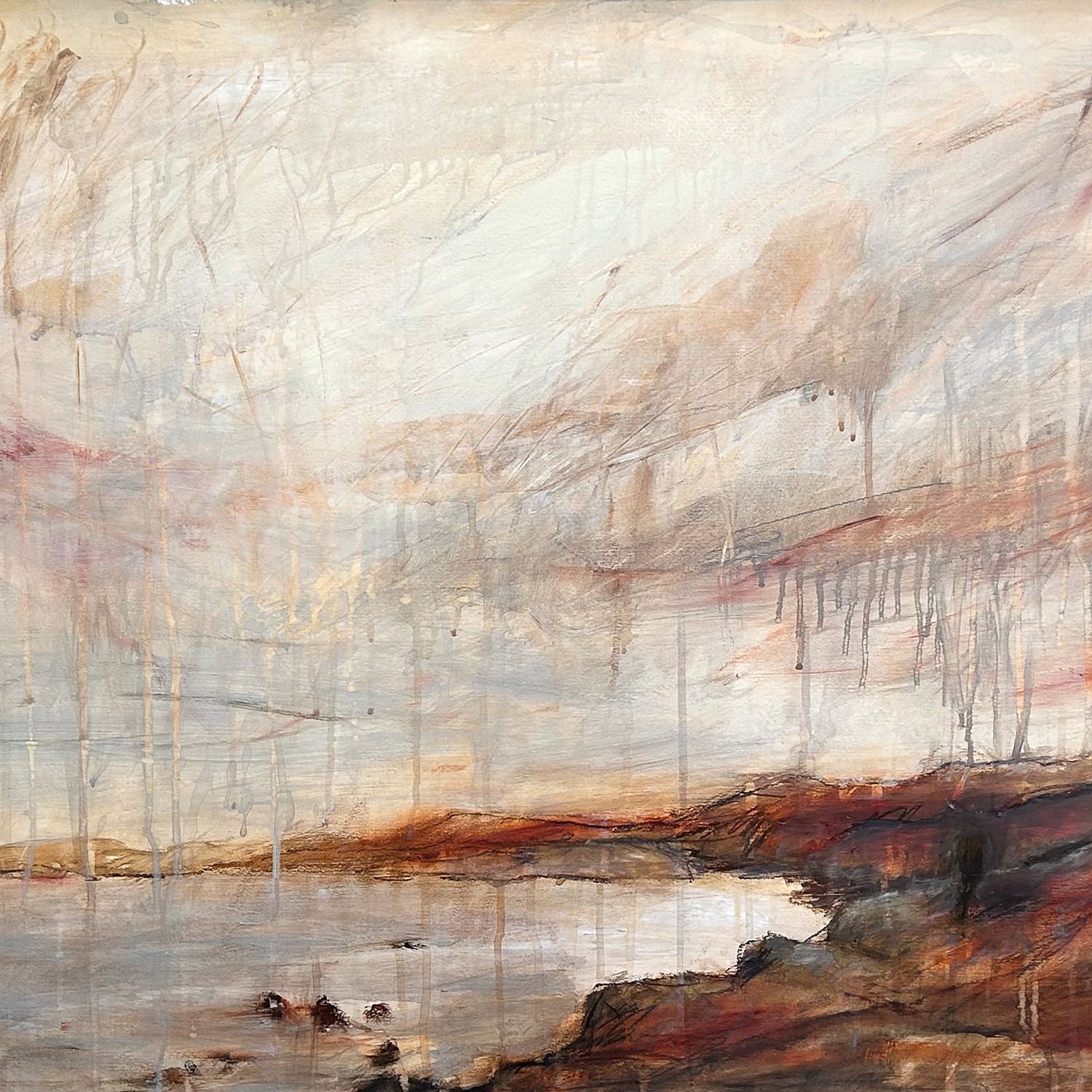 Inge Doesburg’s Karitane, a loose, earthy landscape of coast and sky in ochre, rust and grey.