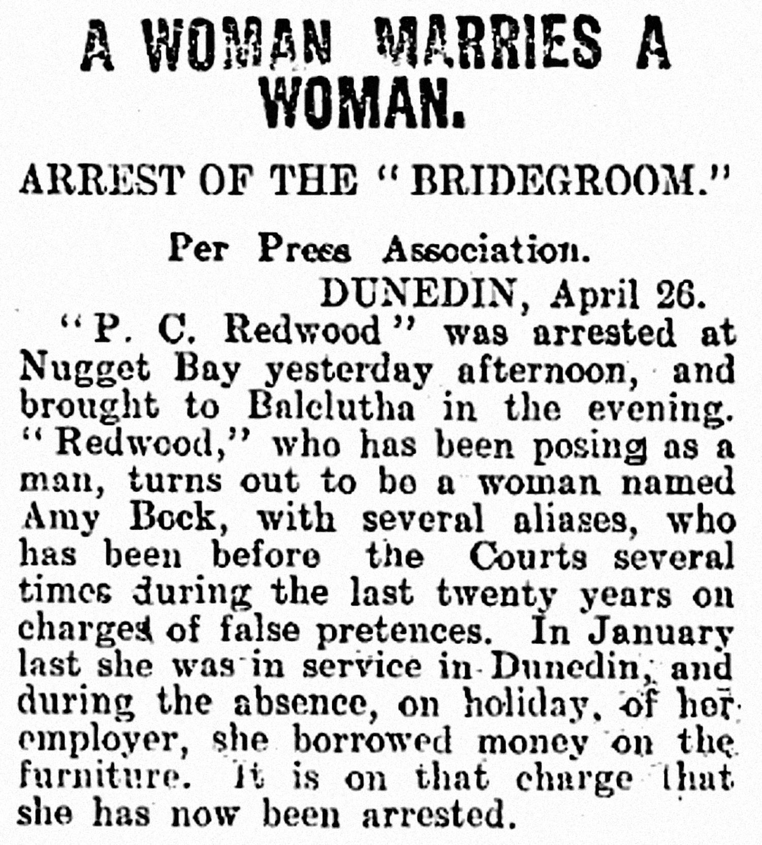 Ashburton Guardian newspaper clipping headlined “A Woman Marries a Woman. Arrest of the ‘Bridegroom’”, reporting the arrest of Amy Bock, alias P. C. Redwood.