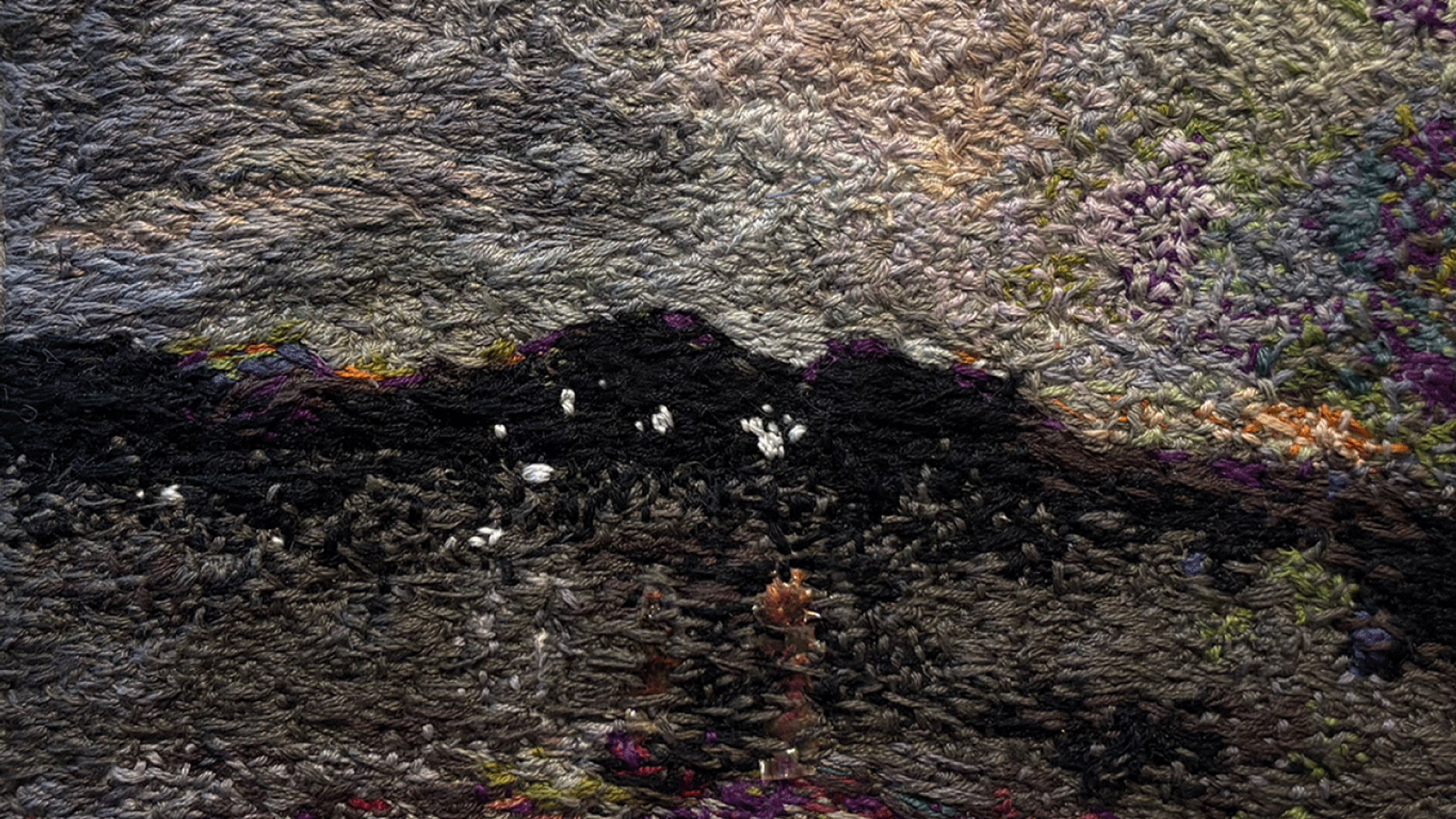 Kara Burrowes, I Think I Felt That, 2026, embroidery in steel frame