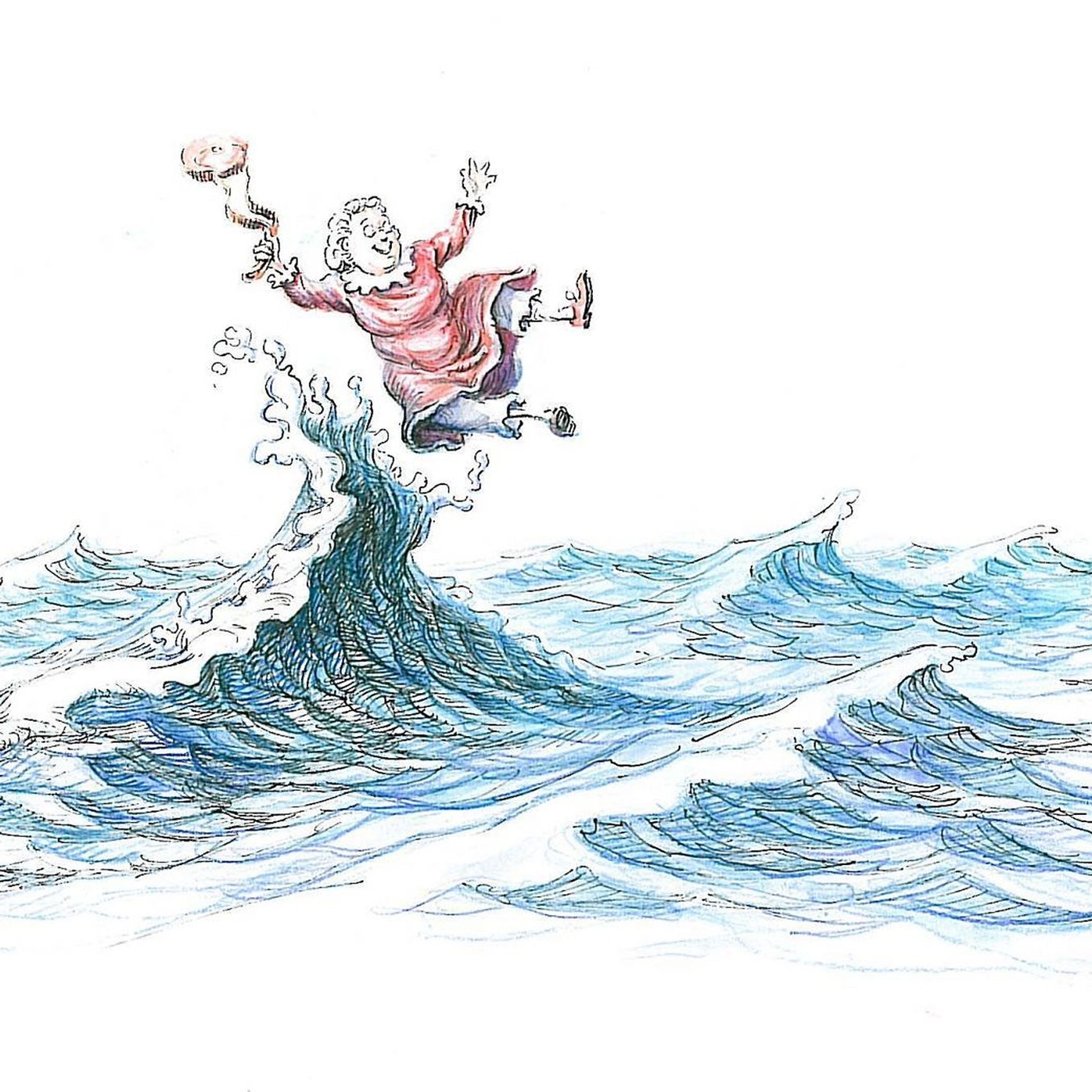 David Elliot’s illustration Goodness Gracious, showing a woman flying into the air above a breaking wave.