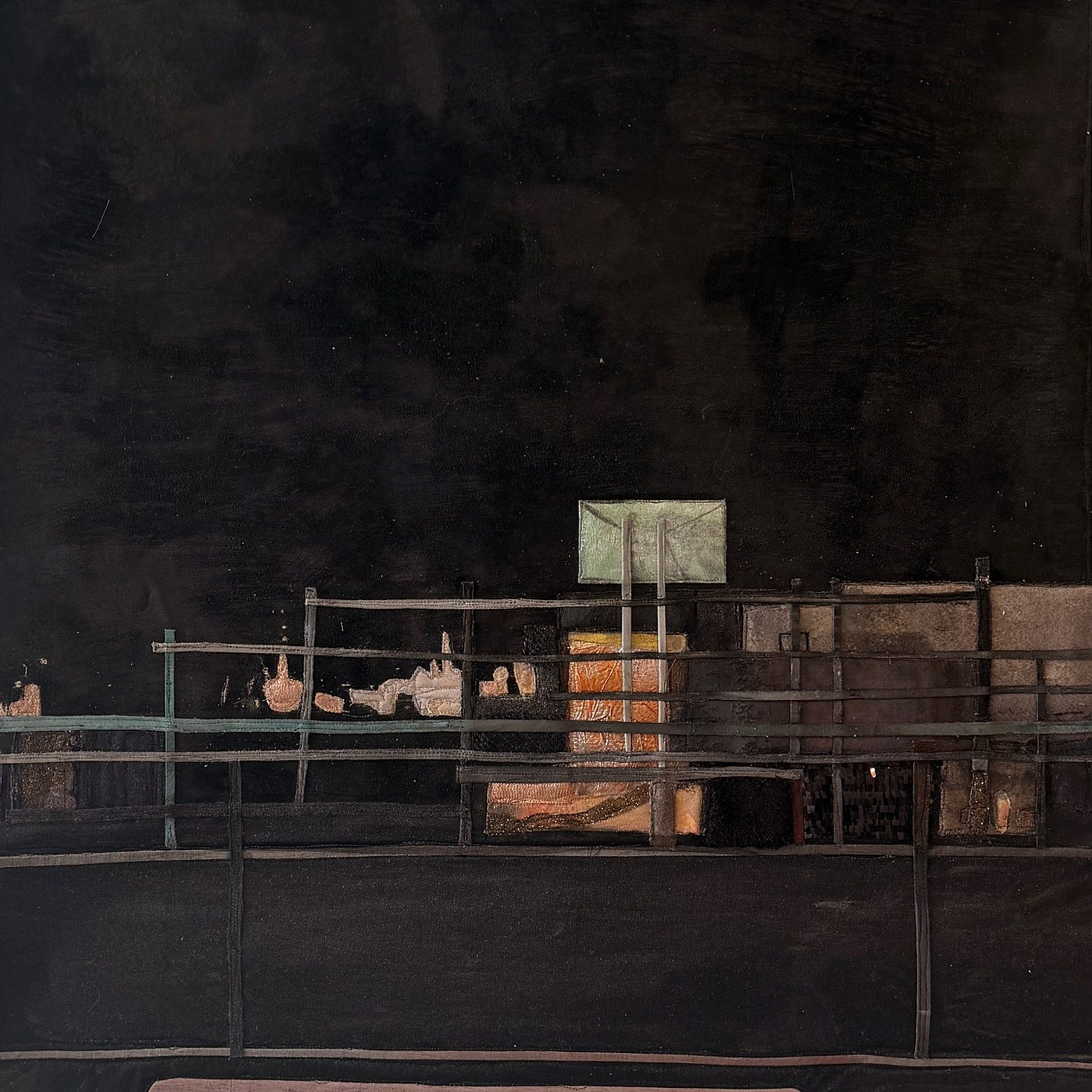 Detail of Charrette van Eekelen’s textile work Night Lines, showing lit structures on a wharf at night.