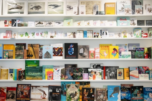 Shelves of books and gifts in the store