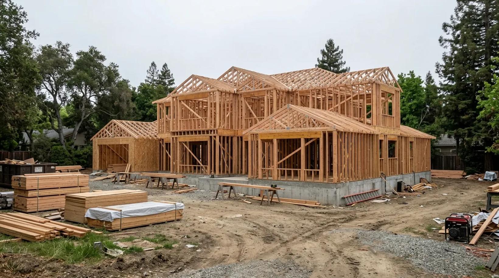 Wood-framed walls and roof trusses of a custom home under construction on a concrete foundation