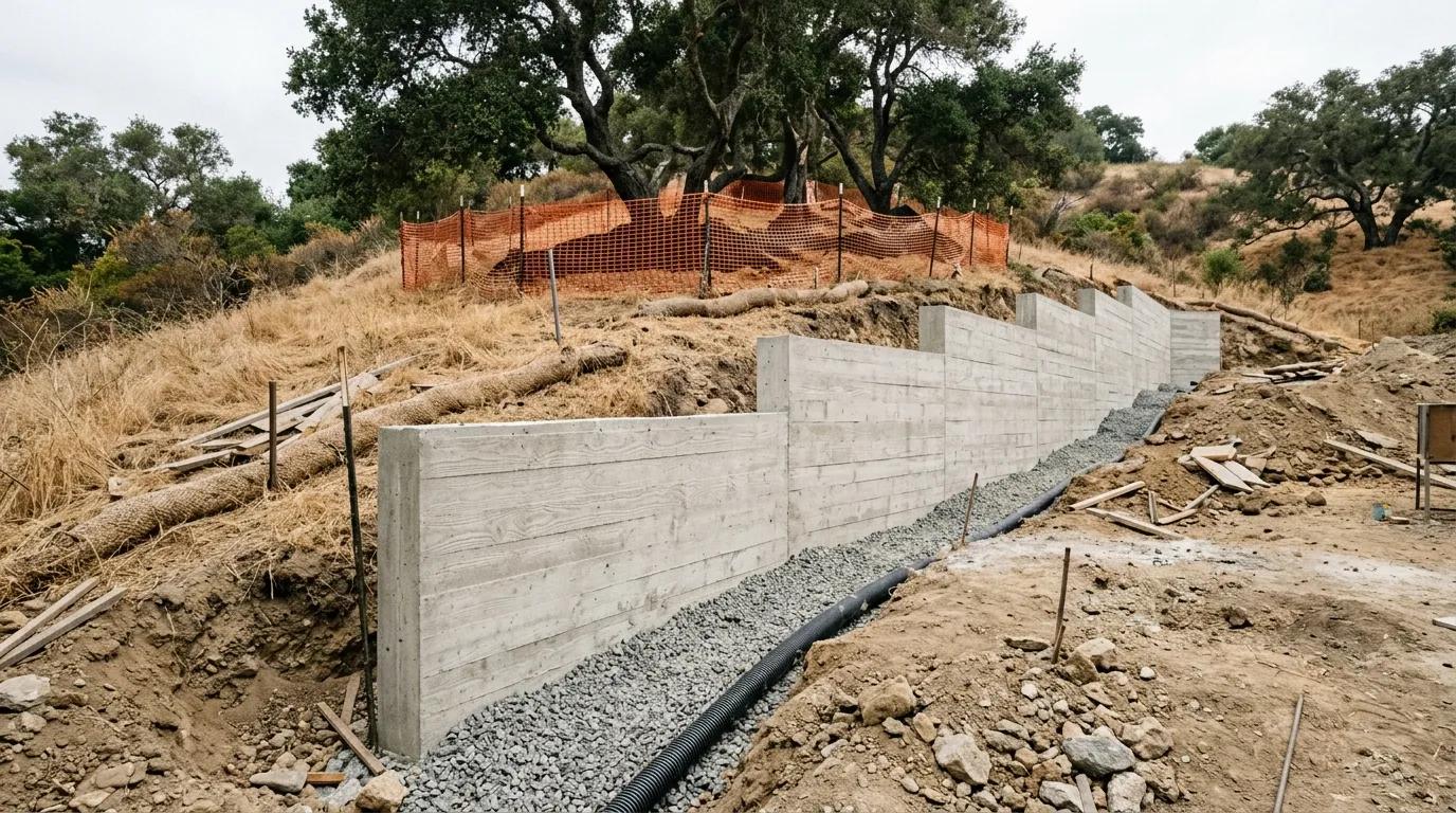 New concrete retaining wall with drainage gravel cut into a grassy hillside lot below protected oak trees