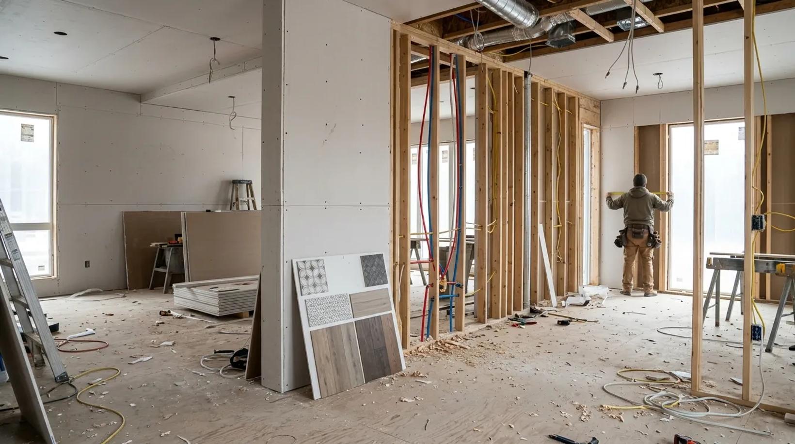 Home interior under construction with drywall, rough-in wiring and finish samples, a worker seen from behind