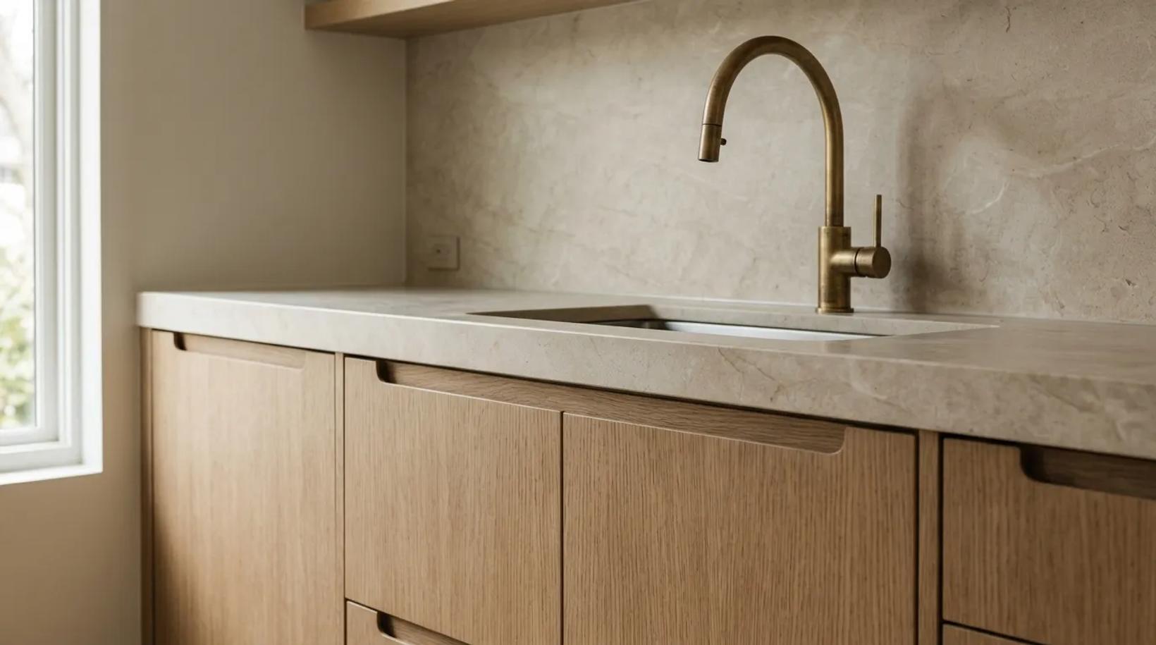 White oak kitchen cabinets with a honed stone countertop, backsplash and brass faucet lit by soft daylight